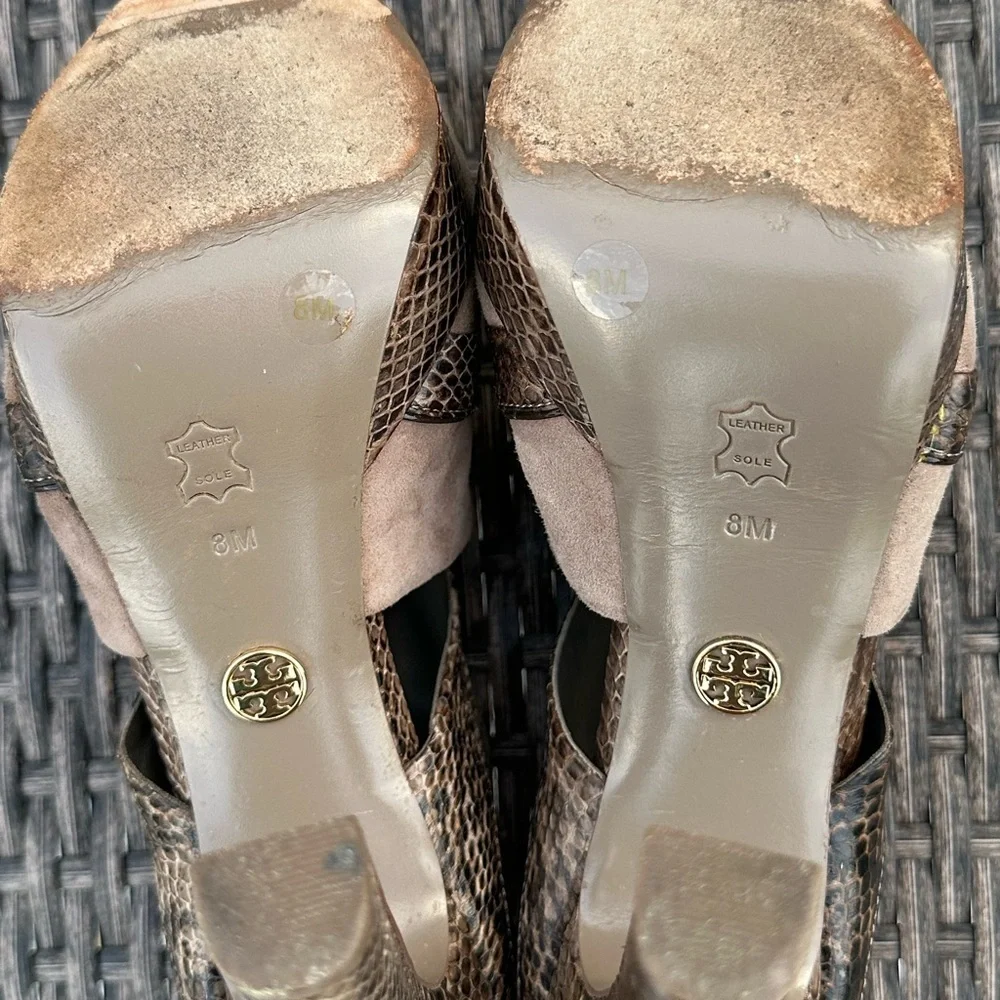 Tory Burch Tan and Brown Heels with Snake Print